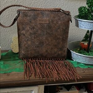 Wrangler Brown Tooled Leather Fringe Crossbody